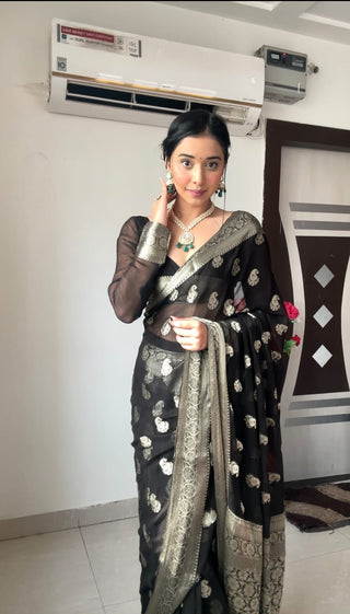 Evanescent 1-Minute Ready To Wear Black Cotton Silk Saree RTW