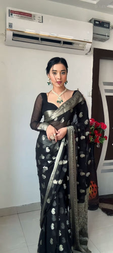 Evanescent 1-Minute Ready To Wear Black Cotton Silk Saree RTW