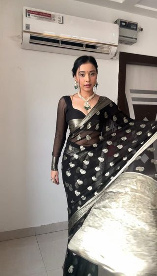 Evanescent 1-Minute Ready To Wear Black Cotton Silk Saree RTW
