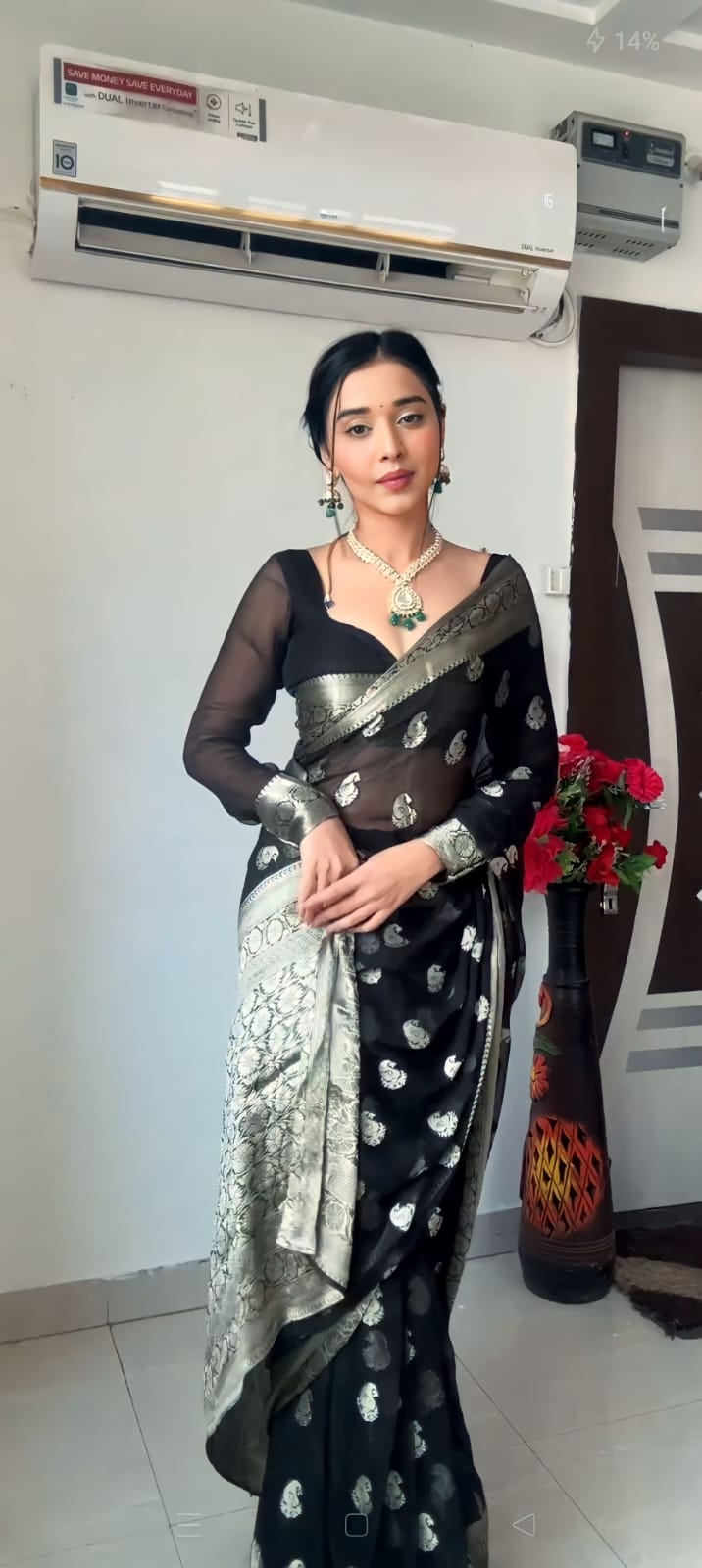 Evanescent 1-Minute Ready To Wear Black Cotton Silk Saree RTW
