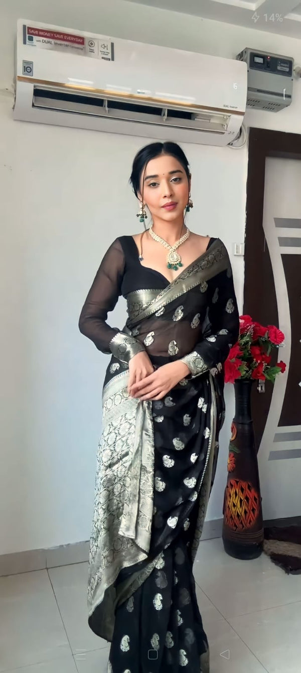 Evanescent 1-Minute Ready To Wear Black Cotton Silk Saree RTW