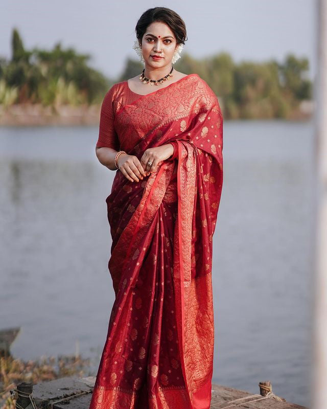 Majesty Red Soft Silk Saree With Elision Blouse Piece Shriji