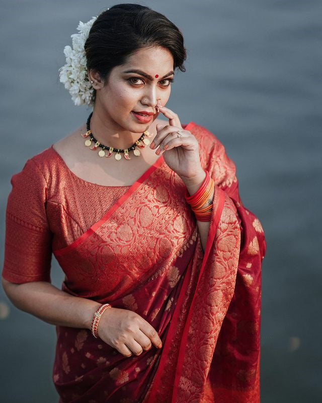 Majesty Red Soft Silk Saree With Elision Blouse Piece Shriji