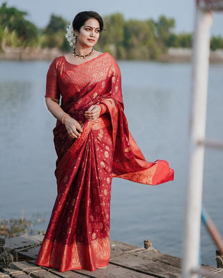 Majesty Red Soft Silk Saree With Elision Blouse Piece Shriji