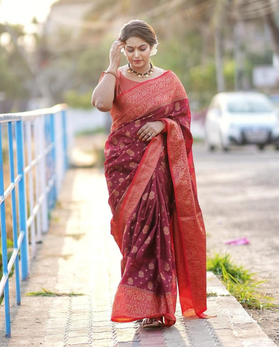 Majesty Red Soft Silk Saree With Elision Blouse Piece Shriji