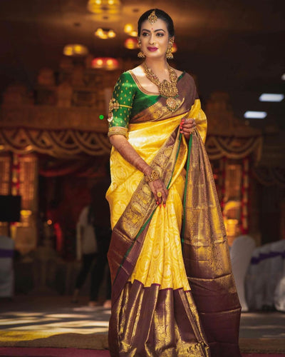 Incomparable Yellow Soft Banarasi Silk Saree With Flamboyant Blouse Piece Shriji