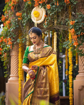 Incomparable Yellow Soft Banarasi Silk Saree With Flamboyant Blouse Piece Shriji