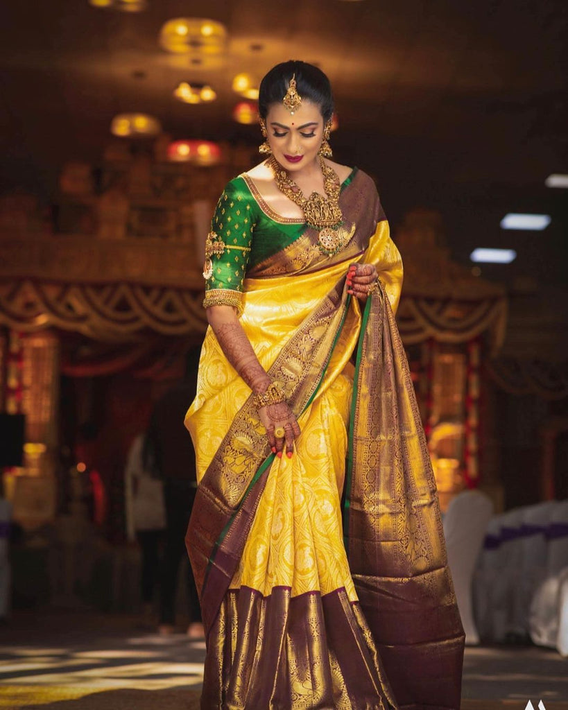 Incomparable Yellow Soft Banarasi Silk Saree With Flamboyant Blouse Piece Shriji