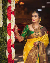 Load image into Gallery viewer, Incomparable Yellow Soft Banarasi Silk Saree With Flamboyant Blouse Piece Shriji