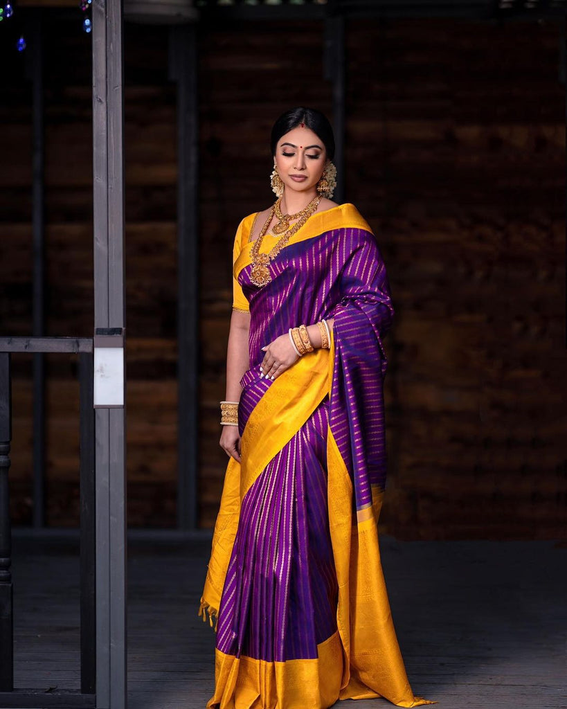 Violet & Golden Zari Woven Kanjivaram Saree With Blouse – Bahuji - Online  Fashion & Lifestyle Store