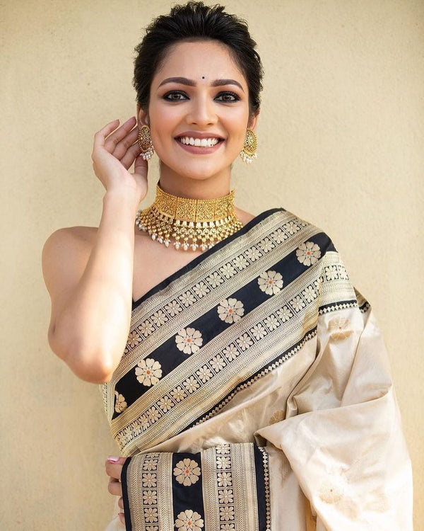 Glorious Off White Soft Silk Saree With Prominent Blouse Piece Shriji
