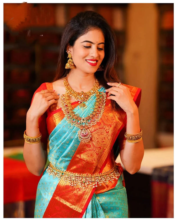 Groovy Turquoise Soft Silk Saree with Propinquity Blouse Piece Shriji