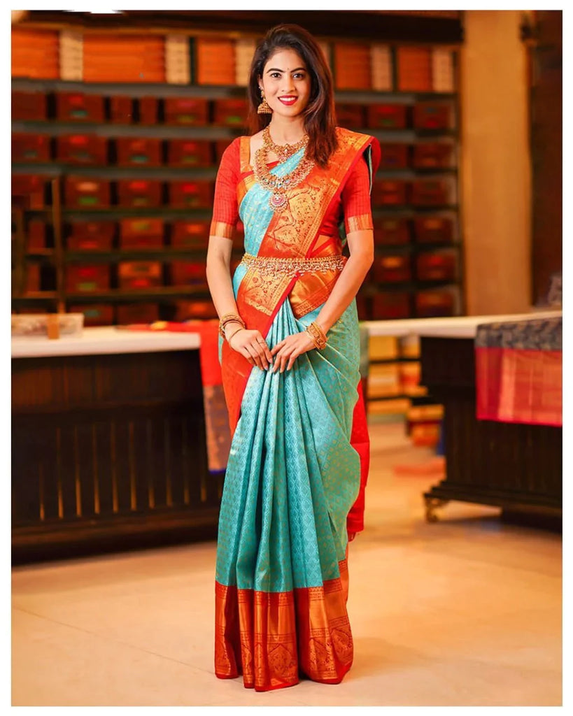 Groovy Turquoise Soft Silk Saree with Propinquity Blouse Piece Shriji