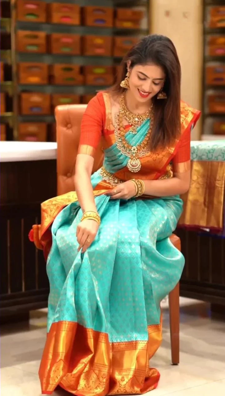 Groovy Turquoise Soft Silk Saree with Propinquity Blouse Piece Shriji