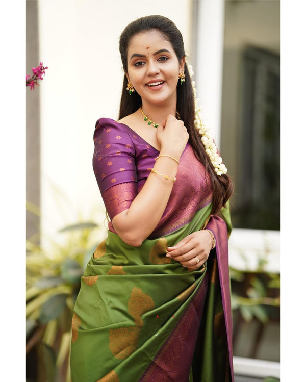 Artistic Green Soft Silk Saree With Supernal Blouse Piece Shriji