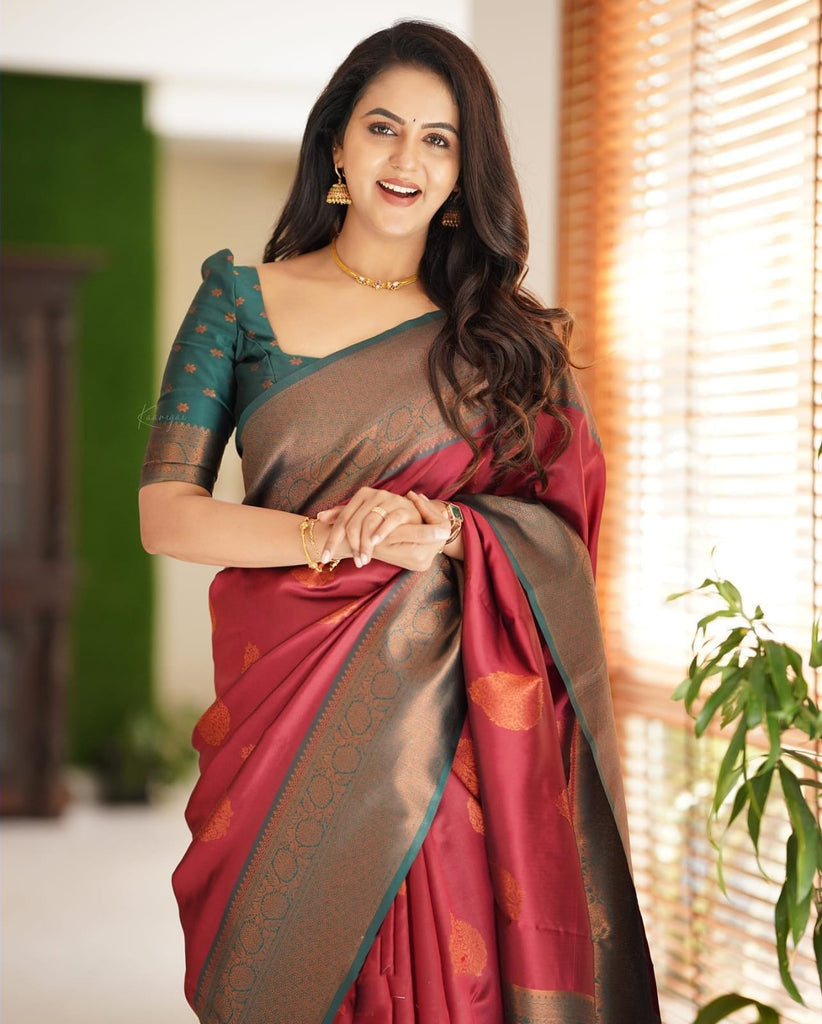 Artistic Maroon Soft Silk Saree With Splendorous Blouse Piece Shriji