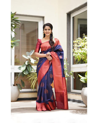 Tempting Navy Blue Soft Silk Saree With Glittering Blouse Piece Shriji