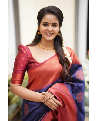 Tempting Navy Blue Soft Silk Saree With Glittering Blouse Piece Shriji