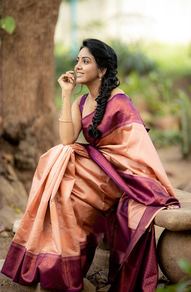 Adorning Peach Soft Silk Saree With Impressive Blouse Piece Shriji
