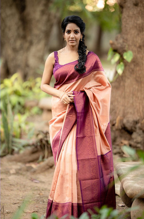 Adorning Peach Soft Silk Saree With Impressive Blouse Piece Shriji Main image