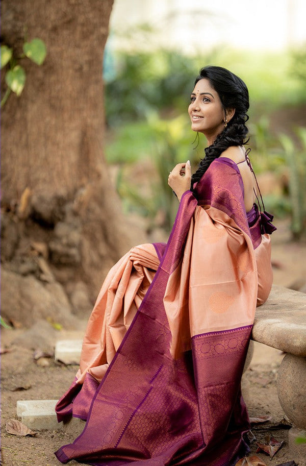 Adorning Peach Soft Silk Saree With Impressive Blouse Piece Shriji