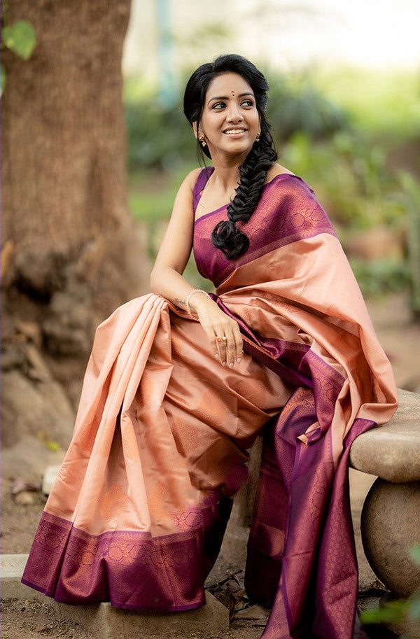 Adorning Peach Soft Silk Saree With Impressive Blouse Piece Shriji