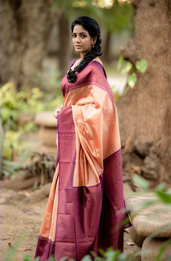 Adorning Peach Soft Silk Saree With Impressive Blouse Piece Shriji