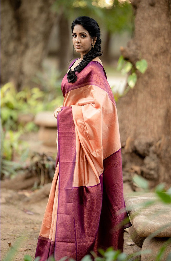 Adorning Peach Soft Silk Saree With Impressive Blouse Piece Shriji