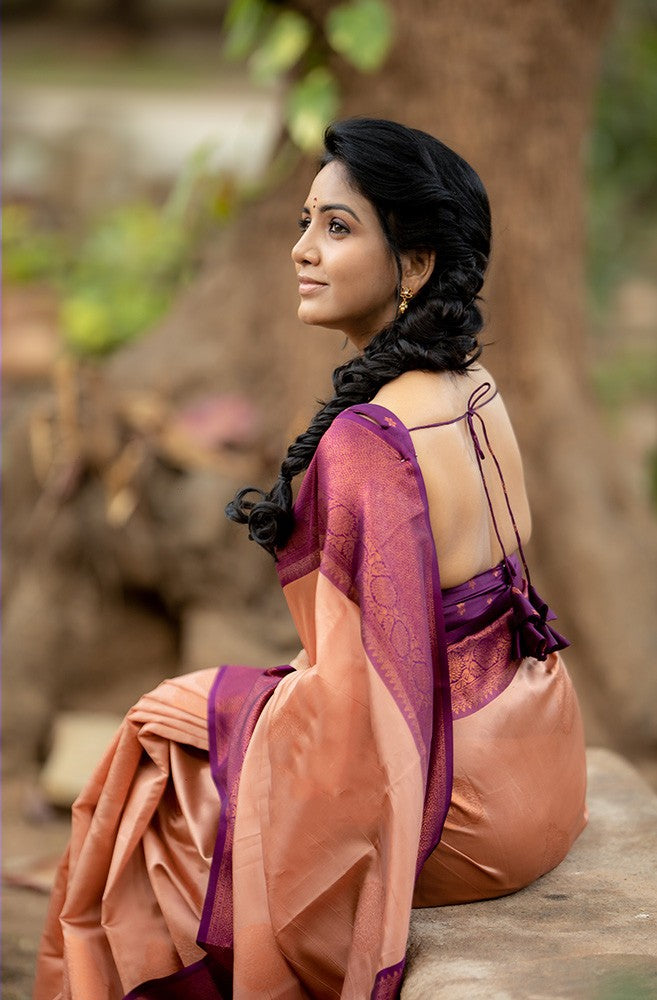 Adorning Peach Soft Silk Saree With Impressive Blouse Piece Shriji