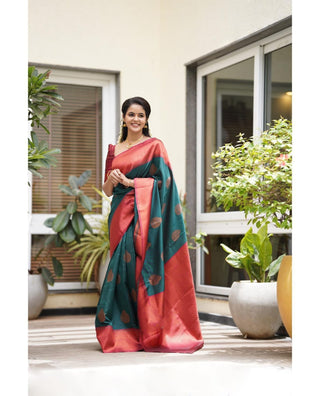 Imbrication Rama Soft Silk Saree With Artistic Blouse Piece Shriji