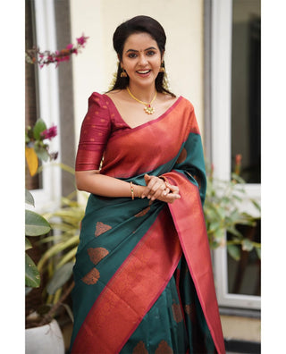 Imbrication Rama Soft Silk Saree With Artistic Blouse Piece Shriji