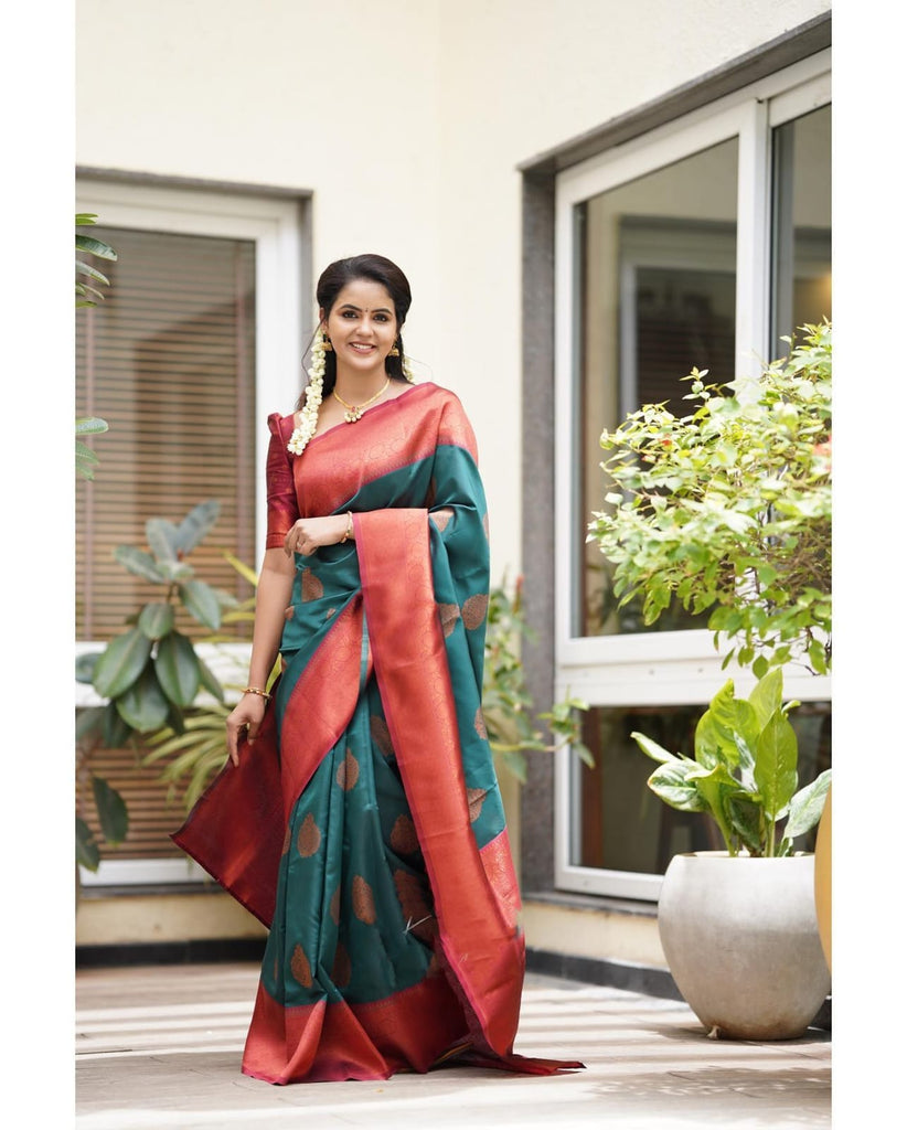 Imbrication Rama Soft Silk Saree With Artistic Blouse Piece Shriji