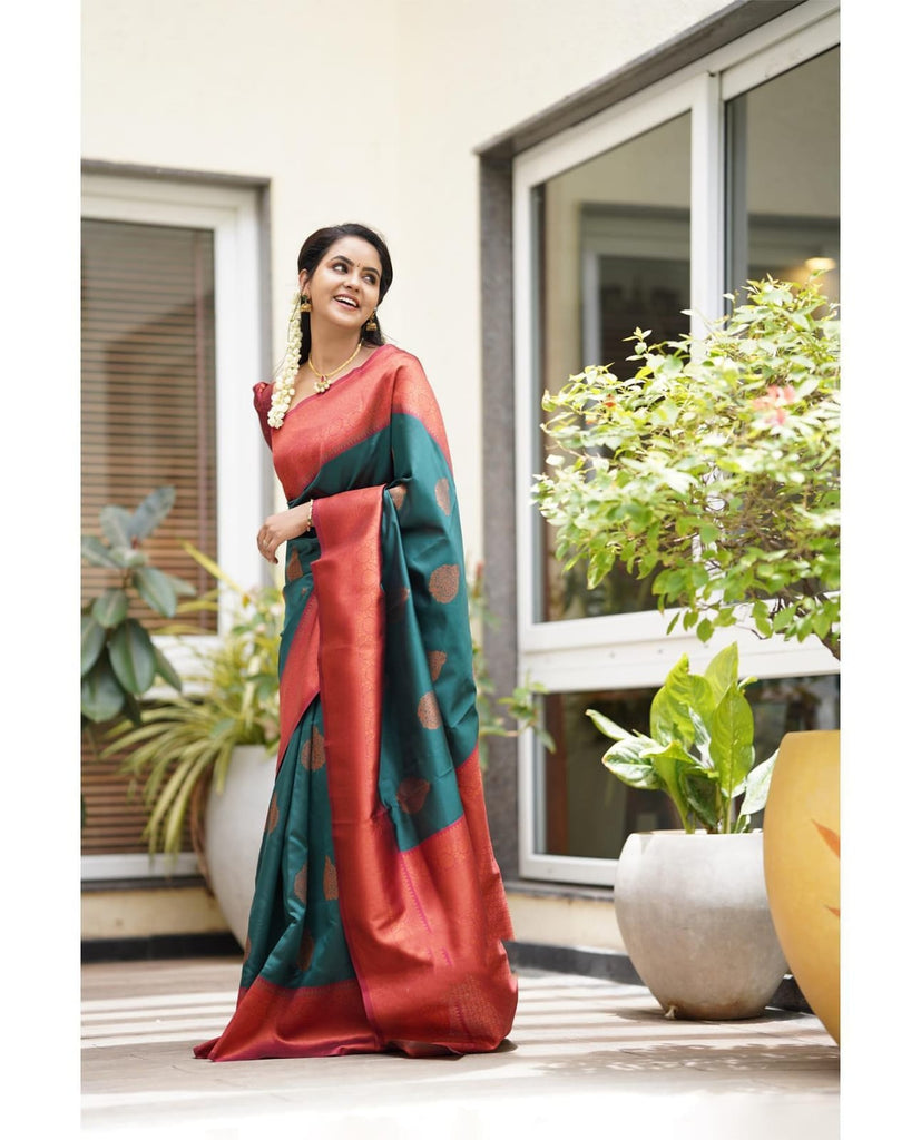 Imbrication Rama Soft Silk Saree With Artistic Blouse Piece Shriji