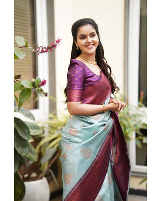 Sempiternal Sky Soft Silk Saree With Denouement Blouse Piece Shriji