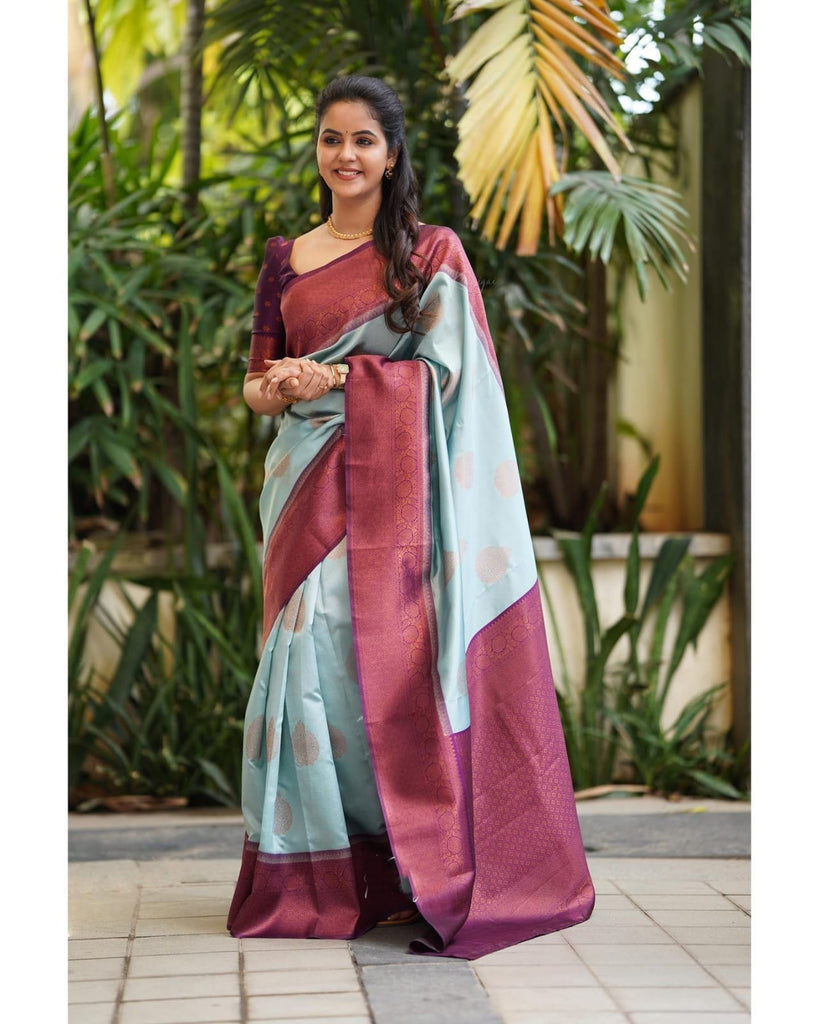 Sempiternal Sky Soft Silk Saree With Denouement Blouse Piece Shriji