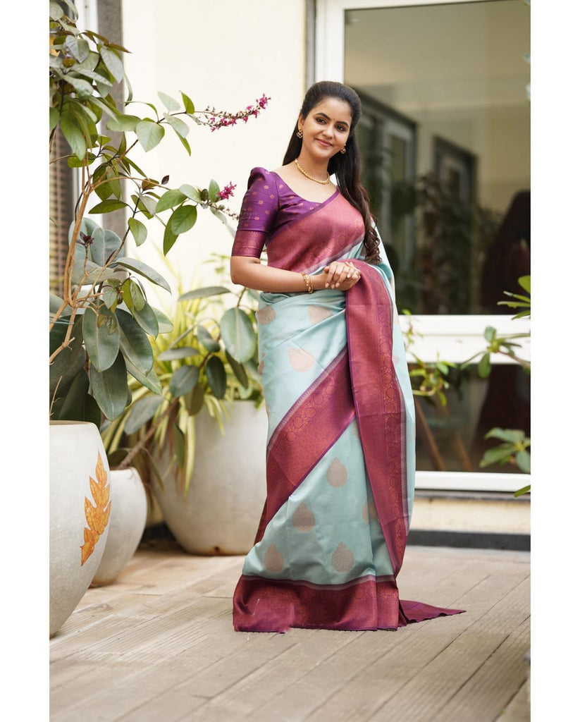 Sempiternal Sky Soft Silk Saree With Denouement Blouse Piece Shriji