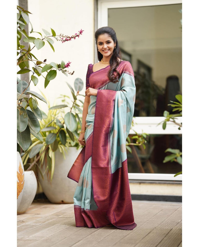 Sempiternal Sky Soft Silk Saree With Denouement Blouse Piece Shriji