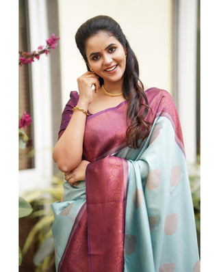 Sempiternal Sky Soft Silk Saree With Denouement Blouse Piece Shriji