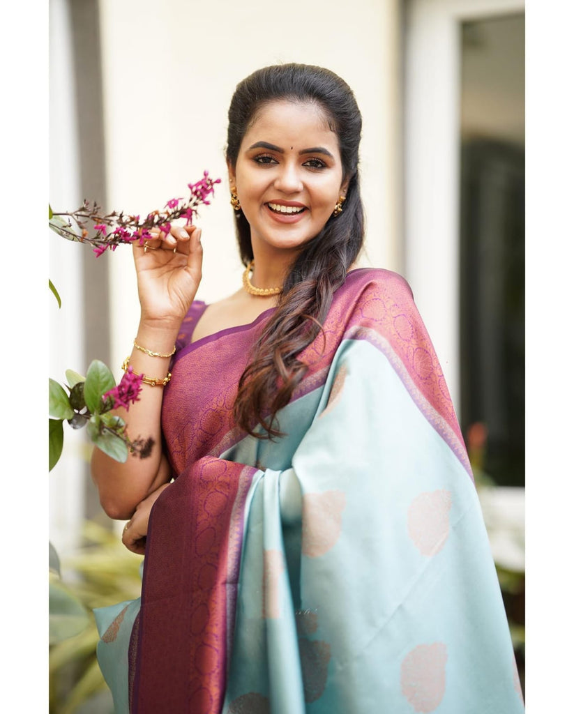 Sempiternal Sky Soft Silk Saree With Denouement Blouse Piece Shriji