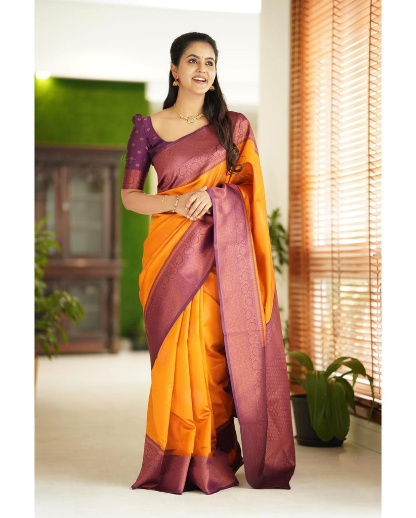 Smashing Yellow Soft Silk Saree With Scrumptious Blouse Piece Shriji