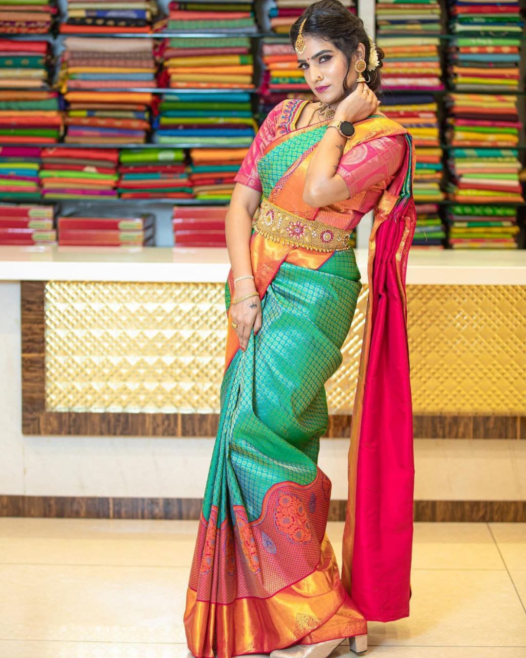 Sumptuous Rama Soft Silk Saree With Glittering Blouse Piece Shriji Main image
