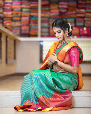 Sumptuous Rama Soft Silk Saree With Glittering Blouse Piece Shriji
