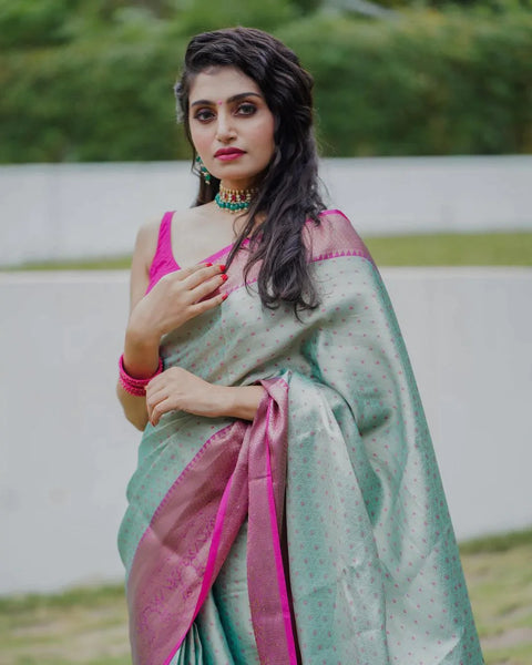 Classic Sea Green Soft Silk Saree With Murmurous Blouse Piece Shriji Main image
