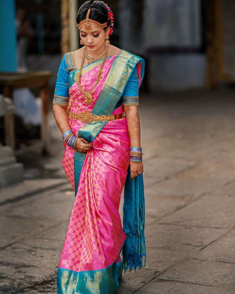 Luscious Navy Blue Silk Saree with Pink Blouse