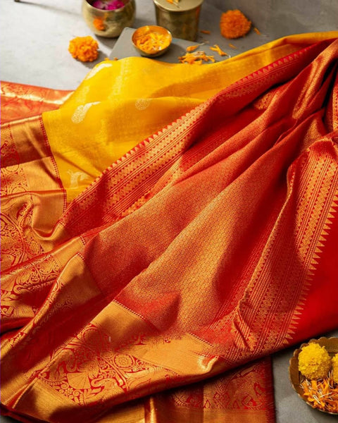 Gossamer Yellow Soft Banarasi Silk Saree With Cynosure Blouse Piece Shriji Main image