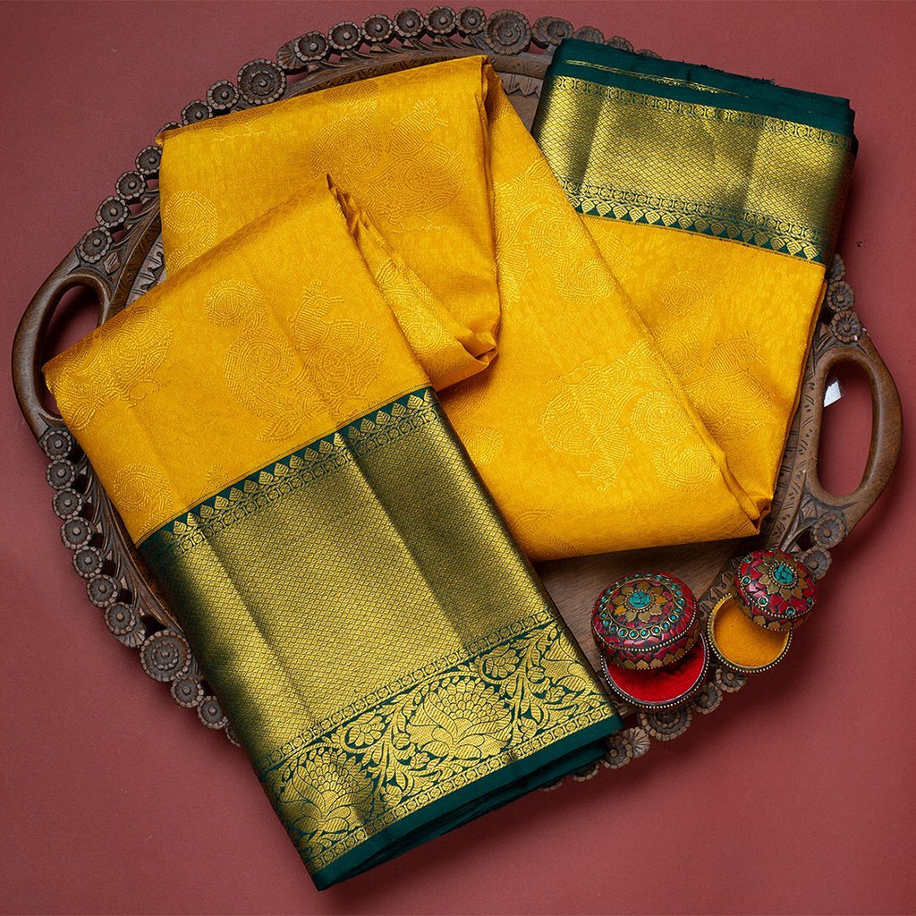 Incredible Yellow Soft Banarasi Silk Saree With Flattering Two Blouse Piece Shriji