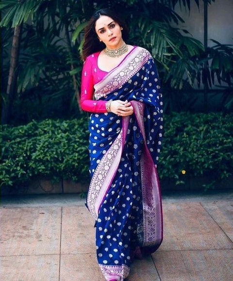 Fugacious Blue Soft Banarasi Silk Saree With Gorgeous Blouse Piece Shriji Main image