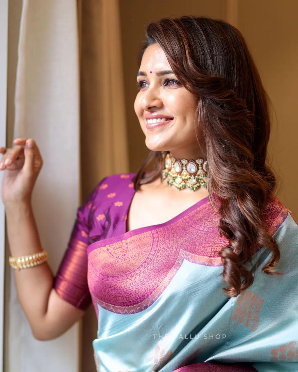 Admirable Sky Soft Silk Saree With Gorgeous Blouse Piece Shriji