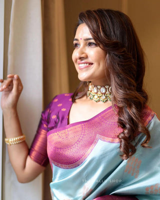 Admirable Sky Soft Silk Saree With Gorgeous Blouse Piece Shriji