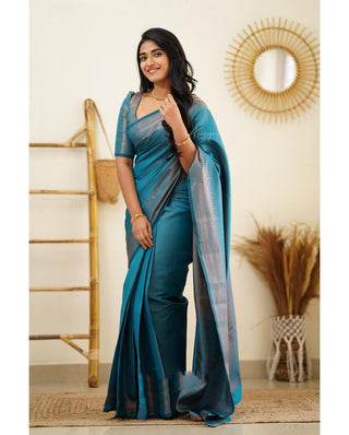 Luxuriant Firozi Soft Silk Saree With Elaborate Blouse Piece Shriji